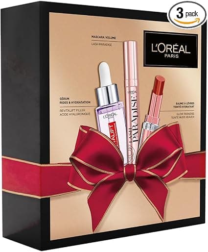 L'Oréal Paris - Luxury Gift Set - 3 Care & Makeup Products - Revitalift Filler Plumping Serum, Black Mascara Lash Paradise, Glow Paradise Lip Balm - Limited Edition - Image 1