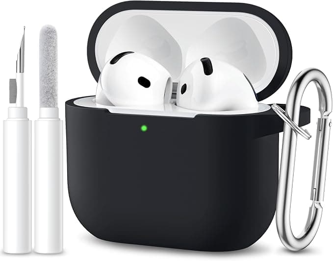 Maledan Case Compatible with AirPods 4 Case 2024, Soft Silicone Shockproof Protective Case for Apple AirPods 4th Generation Cover with Cleaning Kit and Carabiner [LED Visible], Black - Image 1