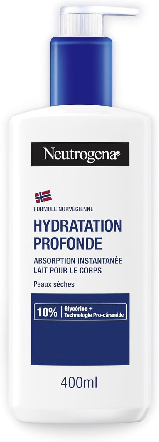 Neutrogena – Lait Corps Hydratation Profonde (flacon-pompe de 400 ml) – Lait pour le corps à absorption rapide pour peaux sèches – Soin corps avec 10% de glycérine et technologie pro-céramide
