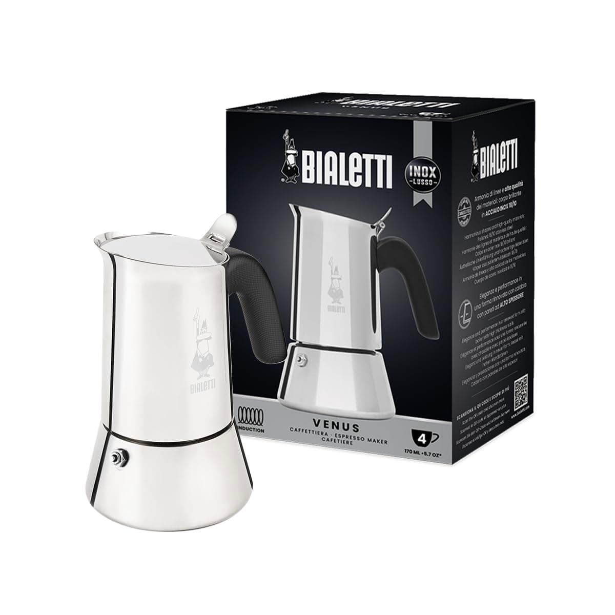 Bialetti Bialetti - New Venus Induction Italian Espresso Machine in Stainless Steel, Suitable for All Types of Plates, 4 Coffee Cups (170ml), Silver, Silver