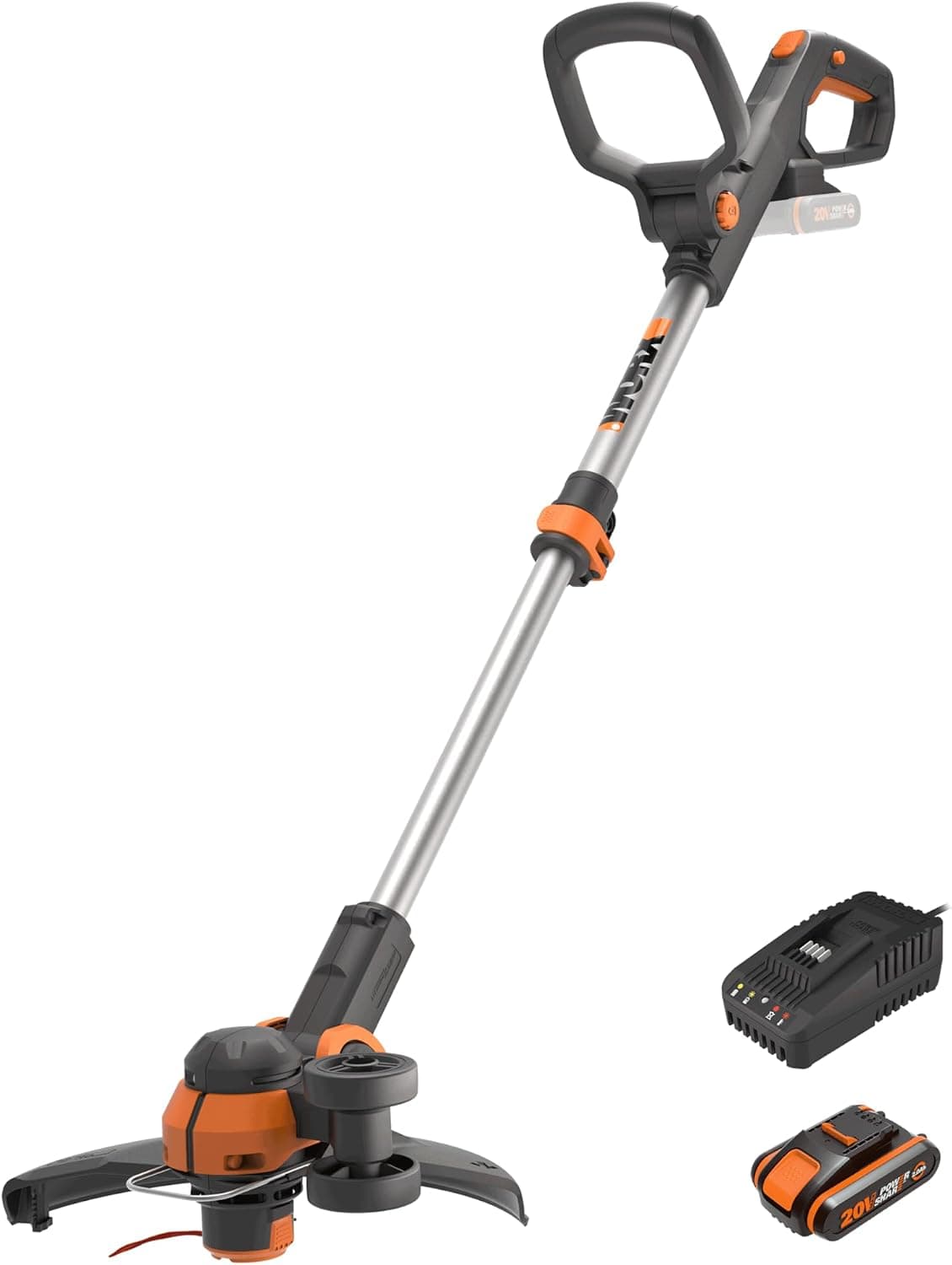 WORX Coupe Bordure sans Fil avec Batterie Ø30cm WG163E.2 Coupe-Herbe Débroussailleuse Batterie Électrique avec 1pc 2.0Ah 20V Powershare 1.65mm 3m Fil Tête Rotative à 90° Manche Télescopique