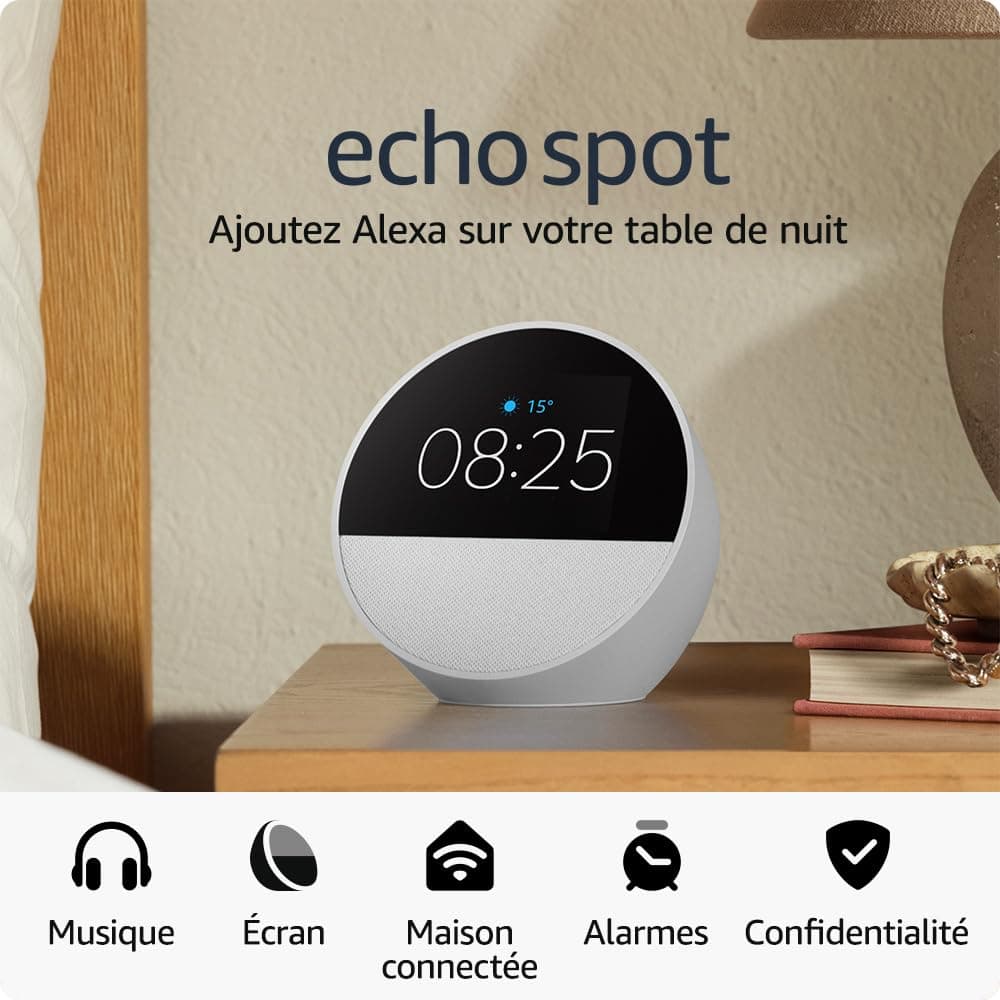 All-new Echo Spot (2024 release), Smart alarm clock with vibrant sound + Alexa, Glacier White - Image 1