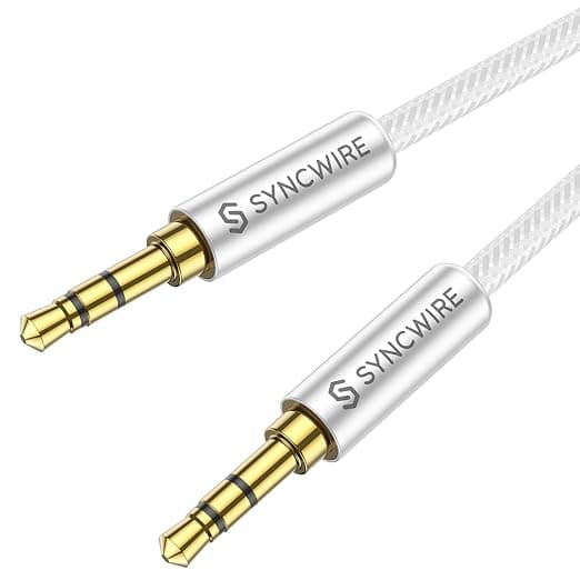 Syncwire 3.5 mm Male to Male Jack Audio Aux Cable [Gold Plated] Nylon Stereo Audio Cable for iPhone, Samsung, iPod, iPad, Car, Headset, Car Radio, Smartphones, MP3 etc. – 2 m, Silver