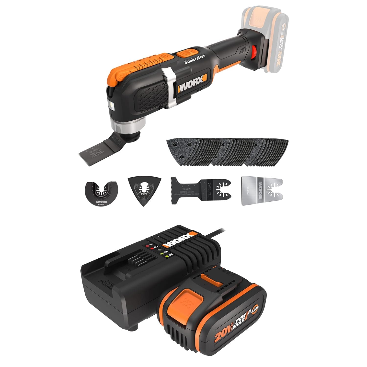 Pack WORX 20V WX696.9 Cordless Oscillating Tool, Powerful 5000/6000 rpm, 3.6° Wide Oscillation Angle, Easy Blade Change, Lightweight, 1 x 4Ah Battery, Fast Charger