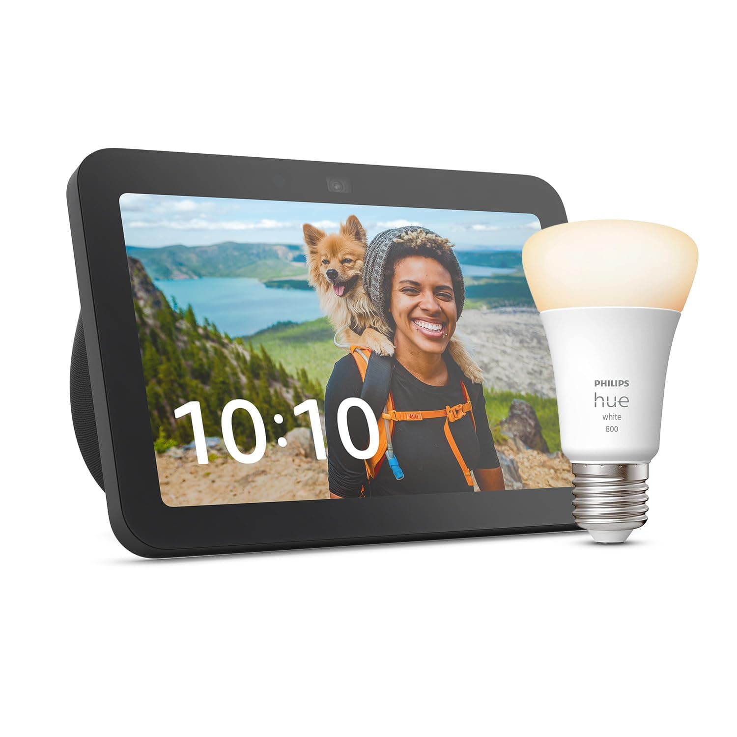 Echo Show 8 (3rd Gen) | Anthracite + Philips Hue White Smart Bulb (E27), Works with Alexa - Smart Home Starter Kit - Image 1