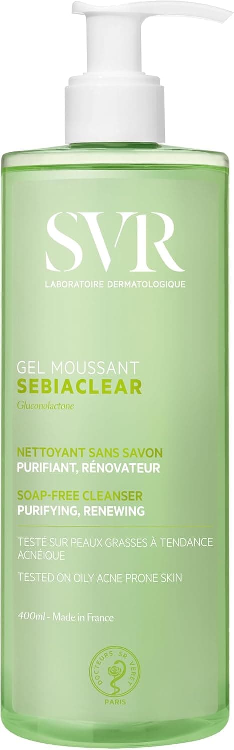 SVR - Sebiaclear Gel Moussant - Nettoyant purifiant anti-imperfections - Pour peaux mixtes à grasses, sensibles et à tendance acnéique - Gluconolactone4%, acide salicylique 0,5% - 400 ml