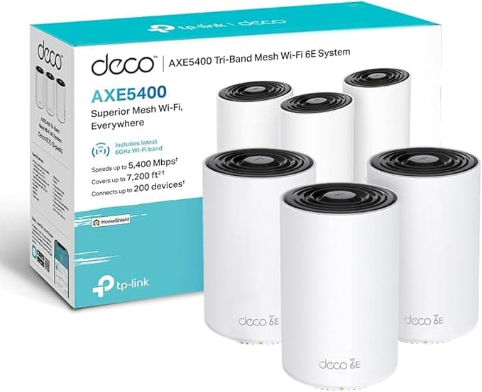 TP-Link Deco WiFi 6E Mesh AXE5400Mbps Deco XE75(3-Pack), Tri-Band Router and Repeater, Coverage up to 670 m², WPA3, Ideal for Large Homes, Compatible with Amazon Alexa, 9 Gigabit Ports