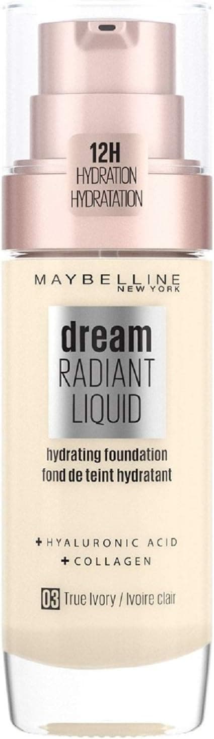 Maybelline Foundation Hydrating Liquid Dream Radiant Foundation with Hyaluronic Acid and Collagen - Light and Medium Coverage Up to 12 Hours of Hydration, 03 True Ivory - Image 1
