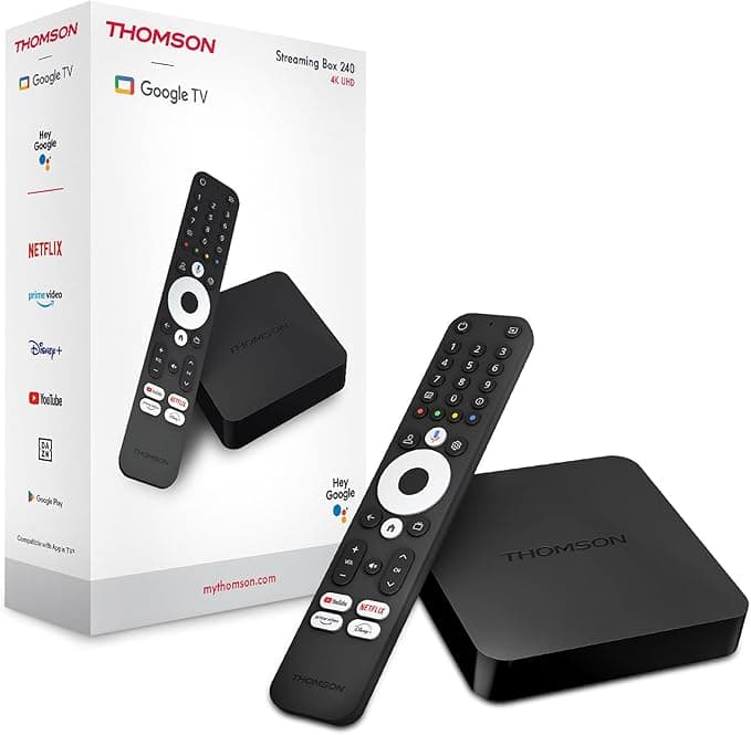 THOMSON Streaming Box 240, Google TV, 4K UHD, Voice Control, Google Cast, Dolby Atmos, Dolby Digital Plus, Bluetooth 5.0, HDMI 2.1, HDR10, Wi-FI, 2 GB RAM, 8 GB Storage
