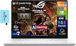 ASUS ROG Zephyrus G14 AI Gaming Laptop 14 Inch ROG Nebula OLED 2.8K 500 Nits (AMD Ryzen 9 270, GeForce RTX 5060 8GB, 16GB LPDDR5X, 1TB SSD, RGB KYB, WiFi 7, Win 11 Pro) with Extension