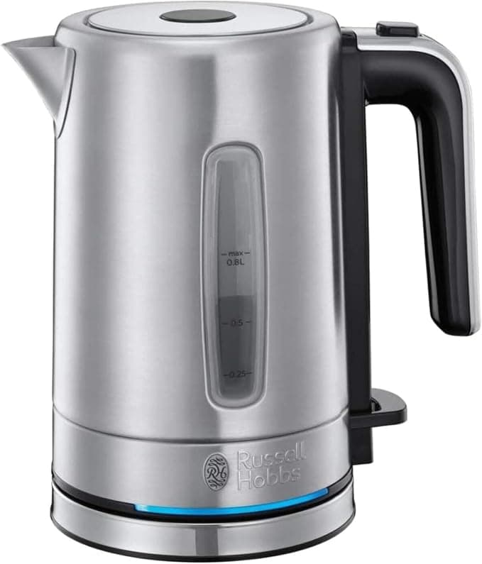 Russell Hobbs Compact & Design Stainless Steel Electric Kettle (0.8L, 2200 W, Perfect Flow, LED Lighting, Anti-Limescale Filter, Auto Opening, Ergonomic, 360° Base) 24190-70 - Image 1