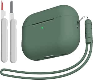 Case Compatible with AirPods Pro 2/1 2023/2022/2019 with Cleaning Kit and Silicone Lanyard, Silicone Protective Cover for Airpods Pro 2nd/1st Generation, Deep Green
