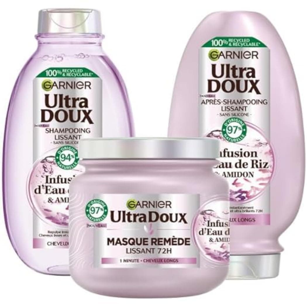 Garnier Ultra Gentle Smoothing Routine with Rice Water Infusion - Unruly and Unruly Hair - Shampoo (250 ml), Mask (340 ml) and Conditioner (200 ml) - Image 1