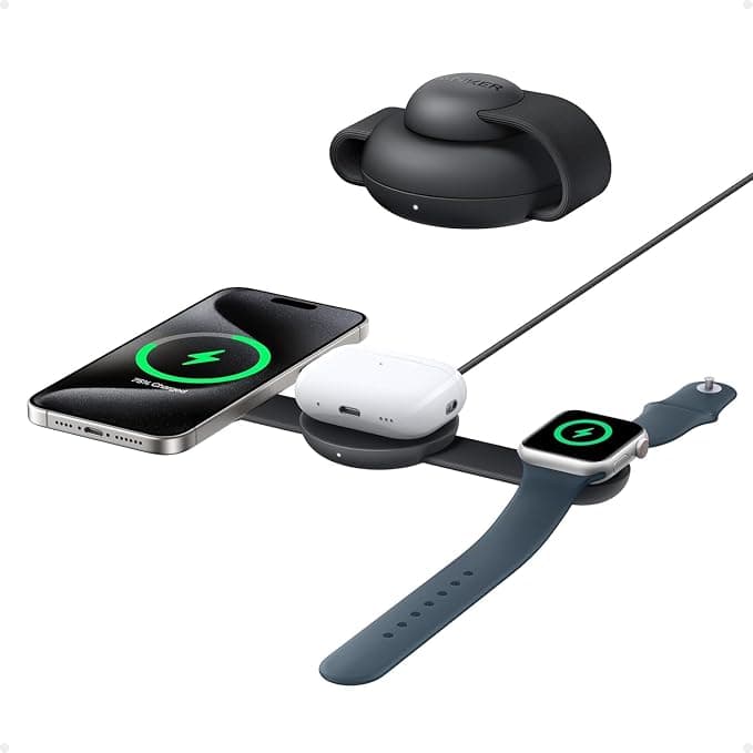 Anker MagGo Induction Charger iPhone 3 in 1 Wireless Charging Station Compatible with MagSafe, Qi2 Certified 15W, Foldable Travel Charger, iPhone 17/16/15, AirPods, Apple Watch (USB-C Charger Included