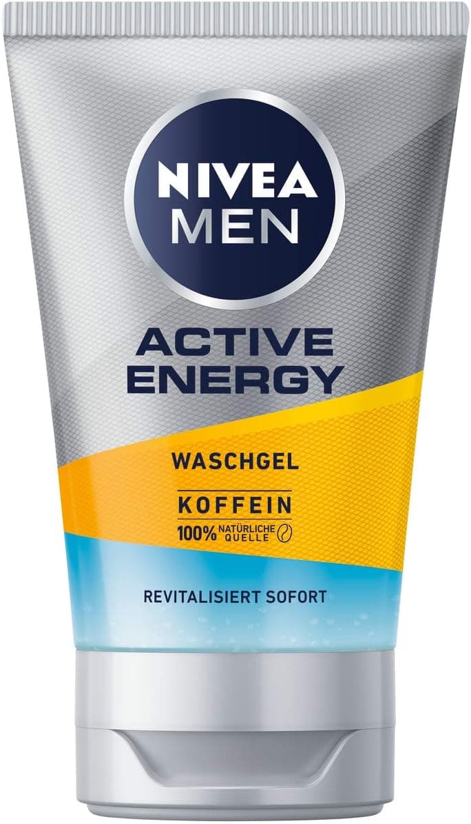 NIVEA MEN Gel nettoyant Active Energy (100 ml), gel nettoyant à la caféine 100% naturel, nettoyant pour le visage rafraîchissant et en profondeur