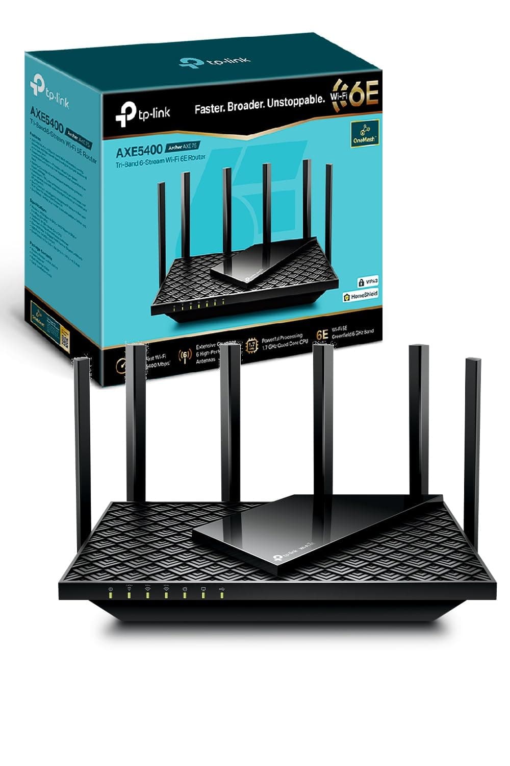 TP-Link Archer AXE75 AXE5400Mbps Tri-Band WiFi6E Router, 5 Gigabit Ports, USB 3.0 Port, All-New 6GHz Band, WPA3, HomeShield, EasyMesh, Plug and Play, Compatible with Alexa - Image 1