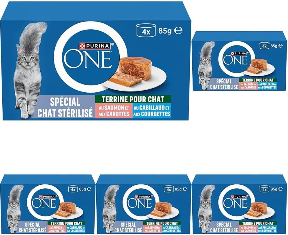 PURINA ONE | Sterilized Cat Terrines | Helps maintain a healthy immune system, support gut microbiome balance and control weight | Salmon & Cod | Boxes | 4 x 85g