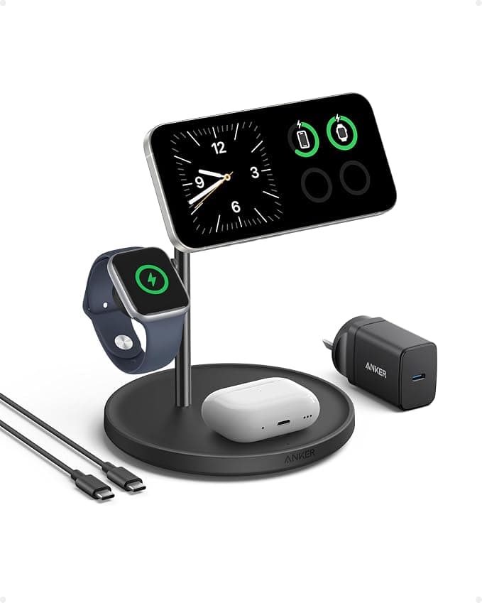 Anker MagGo 3 in 1 15W Induction Charger Compatible with MagSafe and Qi2 Certified, Induction Charging Cradle for iPhone Series 16/15/14/13, AirPods, Apple Watch (Charger and USB C Cable Included)