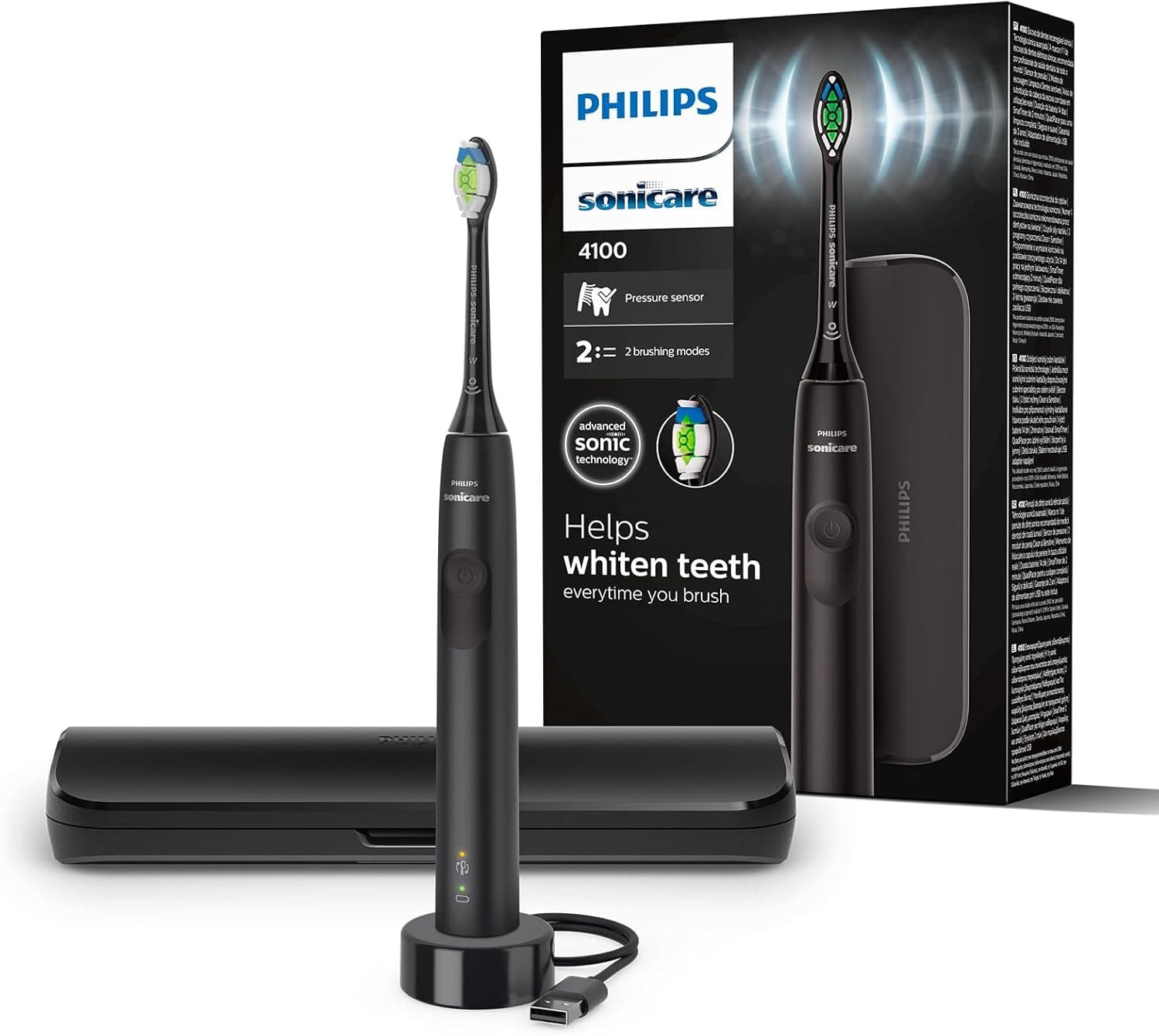 Philips Philips Sonicare 4100 - brosse à dents électrique pour adultes avec 1 tête de brosse Philips W2 Optimal White noire, coffret de voyage fin et chargeur USB (modèle HX3683/54)