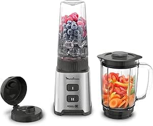 Moulinex Blender, Compact Mini Blender, 400 W, Powelix Technology, Removable Blenders, 2 Speed, Texture Control, Glass Jug, Tritan Takeaway, Pulseo, Metal LM17GD10