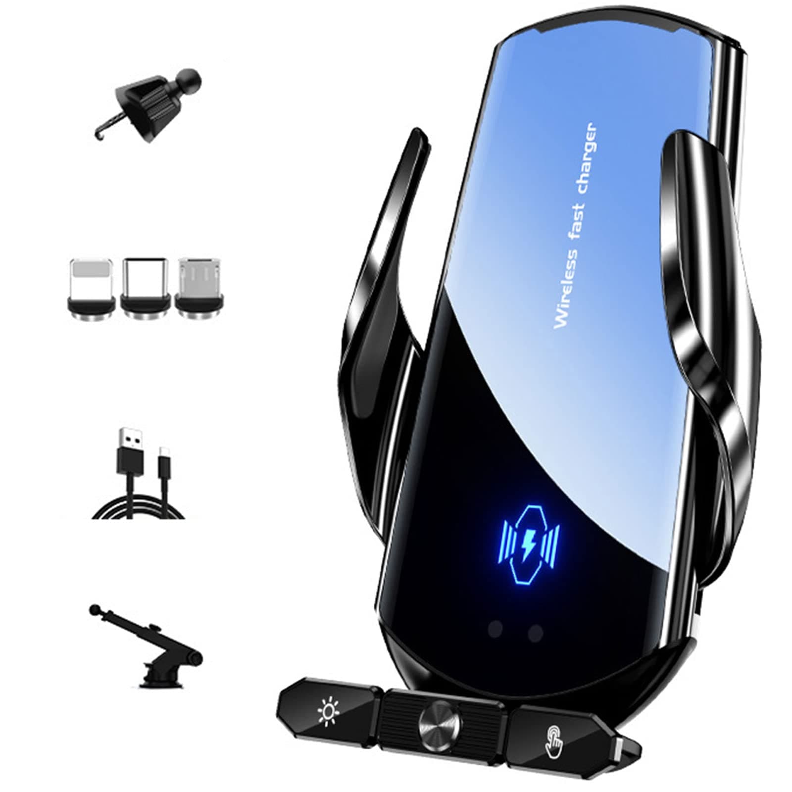 Mobil Wireless Phone Holder for Car Charger 15W Fast Charging Mobile Phone Holder Wireless Charging Magnetic Head with Type-C/iOS/Micro USB Port (Black)