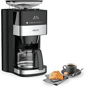 Krups Grind Aroma Programmable Filter Coffee Maker, Built-in Automatic Grain Grinder, Coffee Beans or ground, 1.25 L, 10 Cups, Automatic Shutdown, Digital Display KM832810, Black