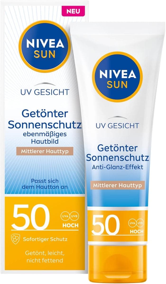NIVEA SUN Crème solaire teintée pour le visage SPF 50 - Crème solaire matifiante pour le visage - Crème solaire teintée pour peaux moyennes - Protection solaire matifiante teintée (50 ml)