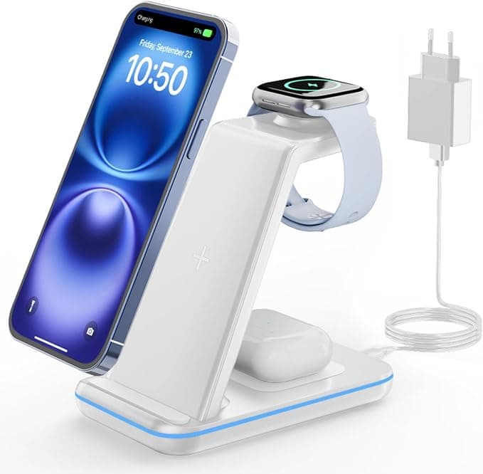 GEEKERA Apple Charging Dock, 3 in 1 Induction Charger for iPhone Air/17/16/15/14/13/12/11/XS/8, Charging Stand for Apple Watch Ultra/11-2/SE, Wireless Charger for AirPods Pro-2, White - Image 1