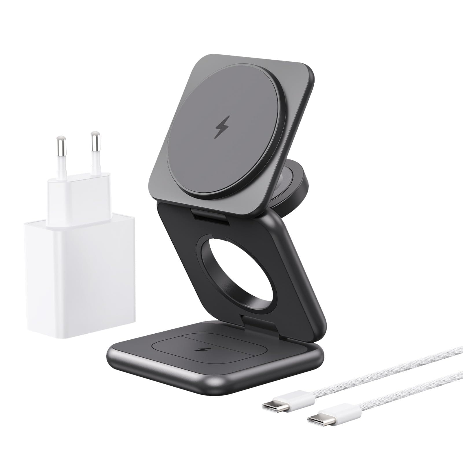 Wireless Induction Charger, 3 in 1 Mag-Safe Charger [Zinc Alloy] Foldable Magnetic Travel Charging Station for Apple iPhone 16/15/14/13/12/Pro/Max/Plus Apple Watch AirPods, Grey