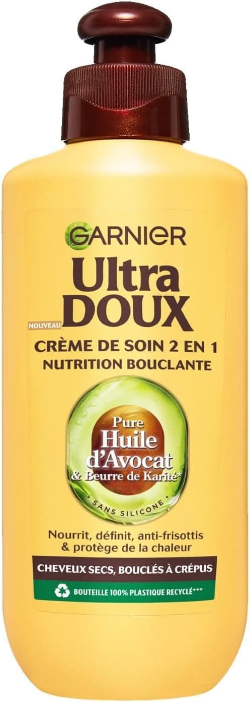 Garnier Ultra Doux Pure Avocado Oil & Shea Butter for Dry, Curly to Kinky Hair - 2-in-1 Curling Nutrition Care Cream - Men & Women - 200 ml