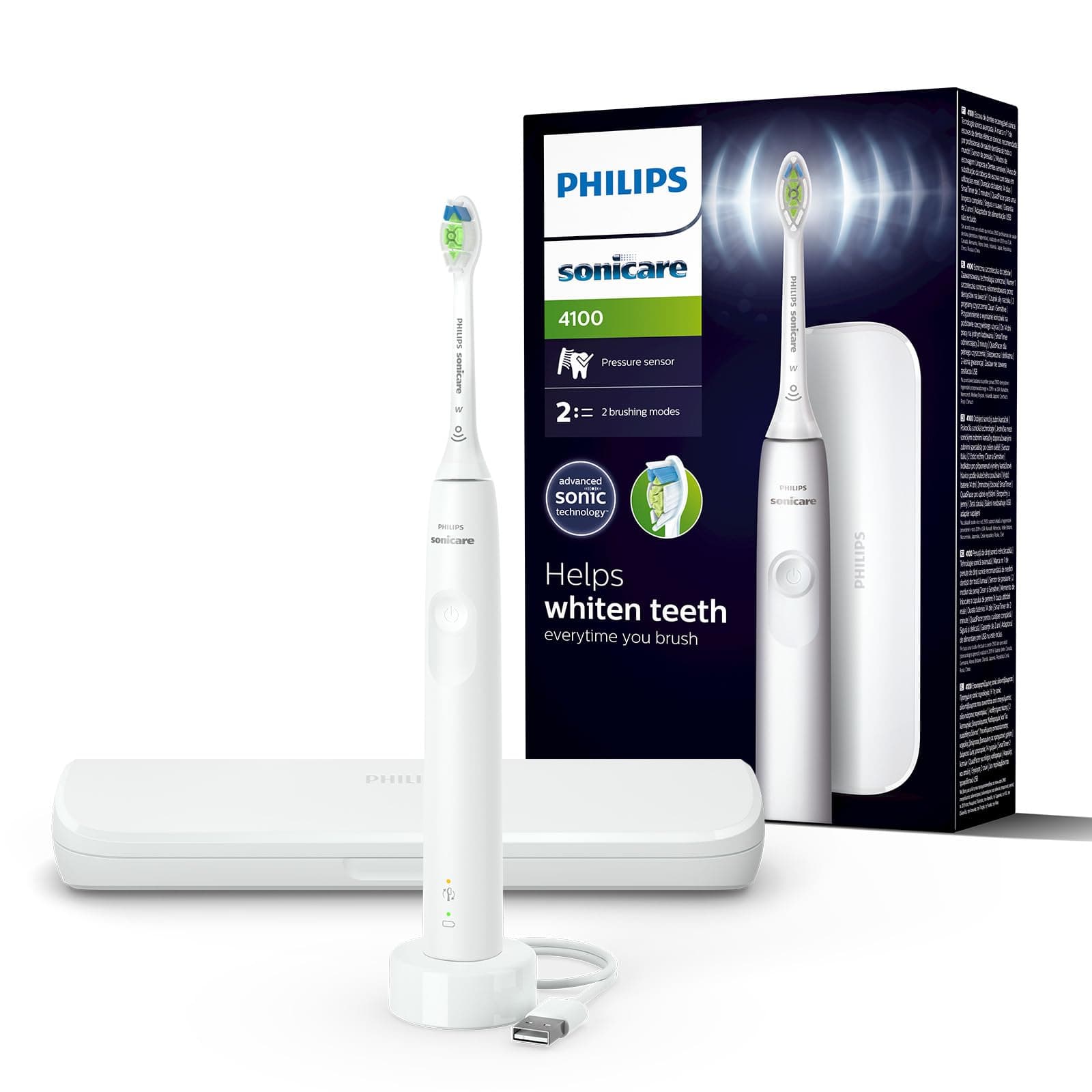 Philips Sonicare 4100 - brosse à dents électrique pour adultes avec 1 tête de brosse à dents Philips W2 Optimal White blanche, coffret de voyage fin et chargeur USB (modèle HX3683/33) - Image 10