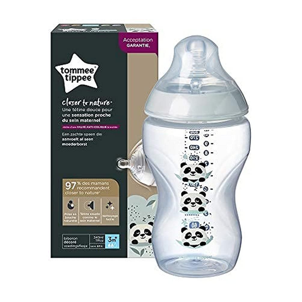 Tommee Tippee Closer to Nature Slow Flow Teat Bottle with Anti-Colic Valve, Mimics Breast Shape, 340ml, Pack of 1, Assorted Colours - Image 1