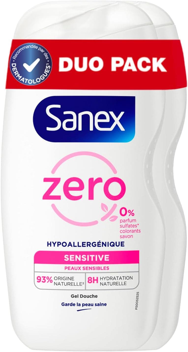 Sanex SANEX - Gel douche hypoallergénique Zéro% Sensitive - hydratation pendant 8 heures - testé sous contrôle dermatologique -Lot de 2 X 475 mL