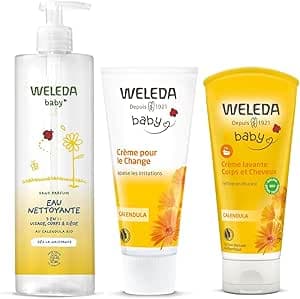 WELEDA Calendula Complete Baby Care Set: Changing Cream (75 ml) + Body & Hair Cleansing Cream (200 ml) + Cleansing Water (400 ml) - Protection, Softness & Daily Cleansing Organic