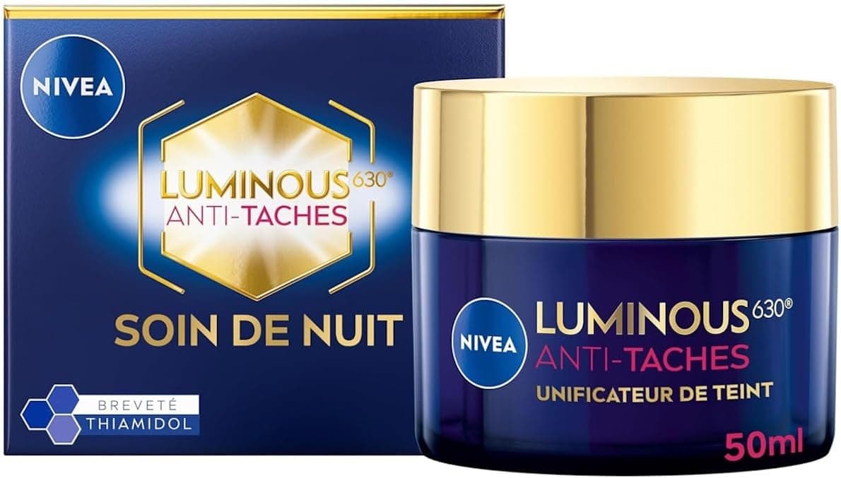 NIVEA Luminous 630 - Soin Nuit Visage Anti-Tache - Unificateur De Teint - Réduit Les Signes De L'Âge - Peau Régénérée - Thiamidol Breveté & Acide Hyaluronique - Tous Types de Peaux - 50 ml