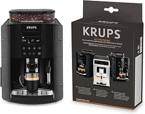 KRUPS Essential Coffee Bean Machine Coffee Machine Grinder Coffee Maker Espresso Coffee Maker LCD Screen Automatic Cleaning Black Cappuccino Steam Nozzle & Full Auto Espresso Grinder Maintenance Kit