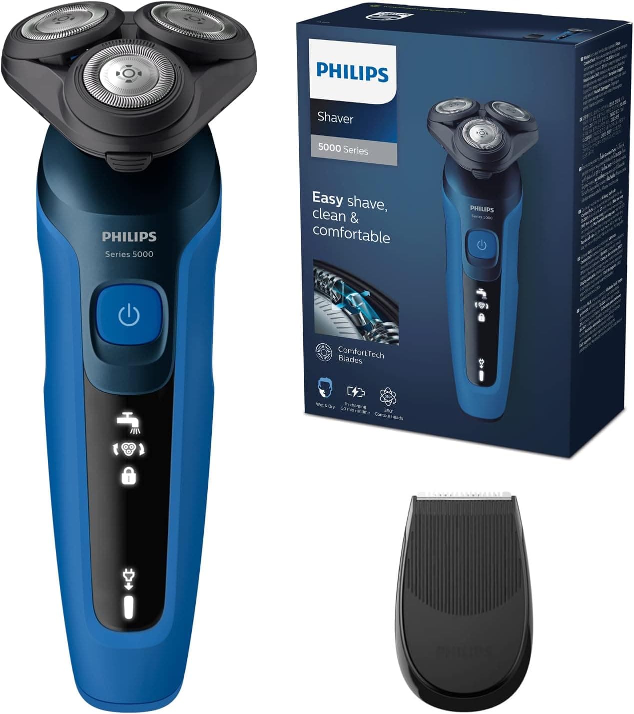 Philips Series 5000, Rasoir électrique 100 % étanche, Lames ComfortTech à 360°, Têtes de contour, Affichage avancé, Tondeuse de précision SmartClick, S5466/18