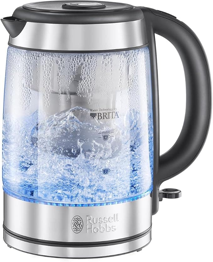 Russell Hobbs Clarity Electric Glass Kettle (1L, 2200 W, Brita Maxtra Filter Cartridge & Anti-Limescale + Change Indicator, LED Lighting, Auto Stop,Auto Opening) 20760-57 - Image 1