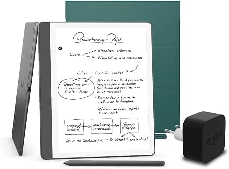 Kindle Scribe (version 2024) 32 GB, une couverture à base de plantes Amazon et un adaptateur secteur Amazon Powerfast 9 W