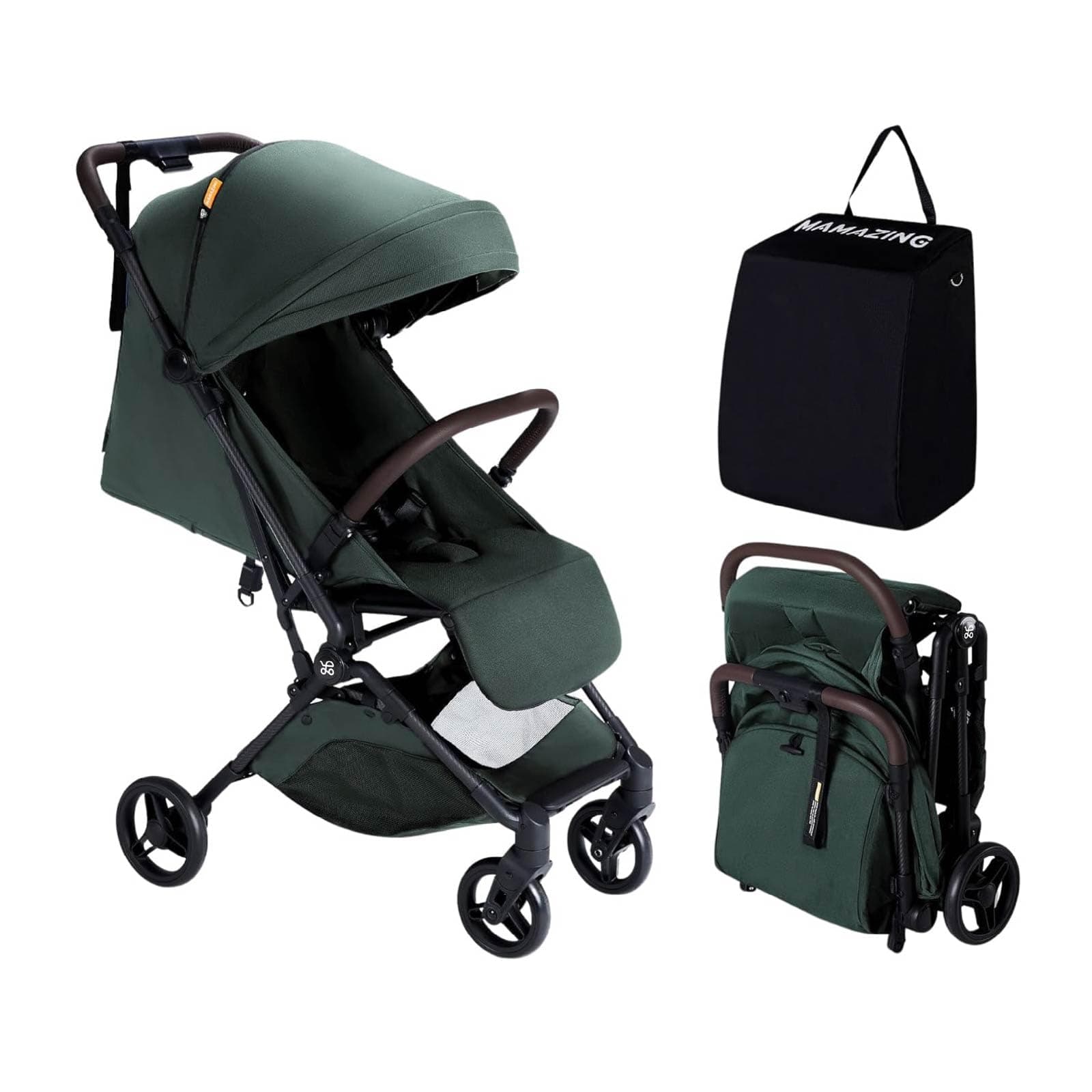MAM MAMAZING Baby Stroller Travel Stroller for 6-4 Years Up to 22kg Baby Carry-On Luggage Small Foldable with One-Hand Folding Design Lightweight Compact (5.3kg), Carbon Fiber Green
