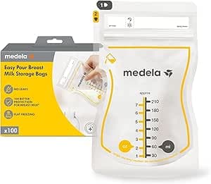 Medela Easy Pour Breast Milk Storage Bags, 210 ml Capacity, Leak-Proof Design with Milk Protection, Made BPA Free, Disposable, Pack of 100