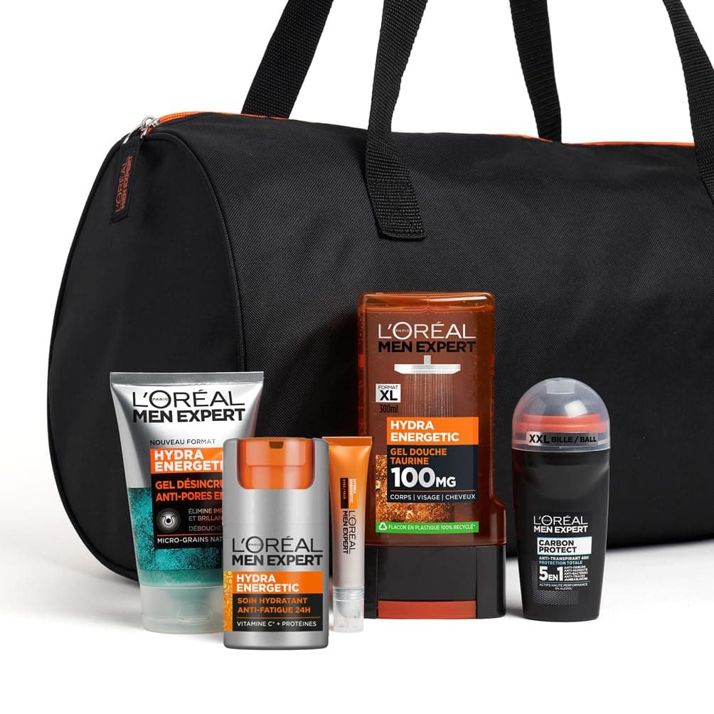 L'Oréal Men Expert - Energetic Routine Bag for Men - Anti-Fatigue Face & Eye Care - Vitamin C, Taurine & Charcoal - Hydra Energetic - 5 Products - Image 1