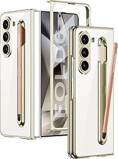 for Samsung Galaxy Z Fold 6 Coque Transparente avec S Pen Support & S Pen, Cristal Clair Placage Housse avec Protection D'écran, Luxueux Antichoc Anti-Rayures Coque(Doré+Stylo Rose)