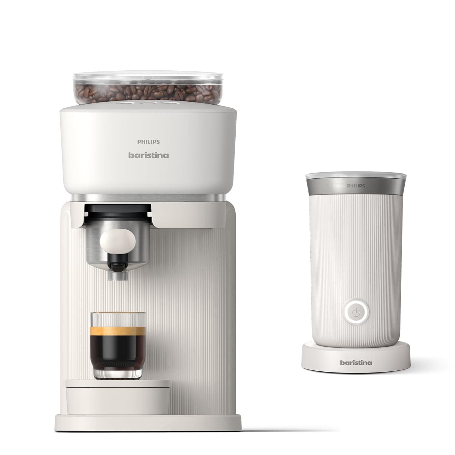Philips Baristina Espresso Machine, Milk Frother Included, Real Espresso, Made Easy, 16 Bar Pressure, Built-in Grinder, White Machine with White Filter Holder (BAR303/00)
