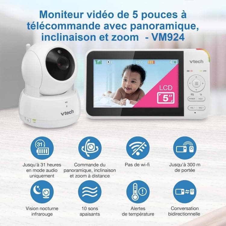 VTech VM924 Baby Monitor with Camera, Pan&Tilt,Video Baby Monitor with 5" LCD Screen,Up to 17 Hrs Battery Life,1.33x Zoom,Night Vision,300m Long Range,Soothing Sounds,2-Way Talk,Secured Transmission - Image 4
