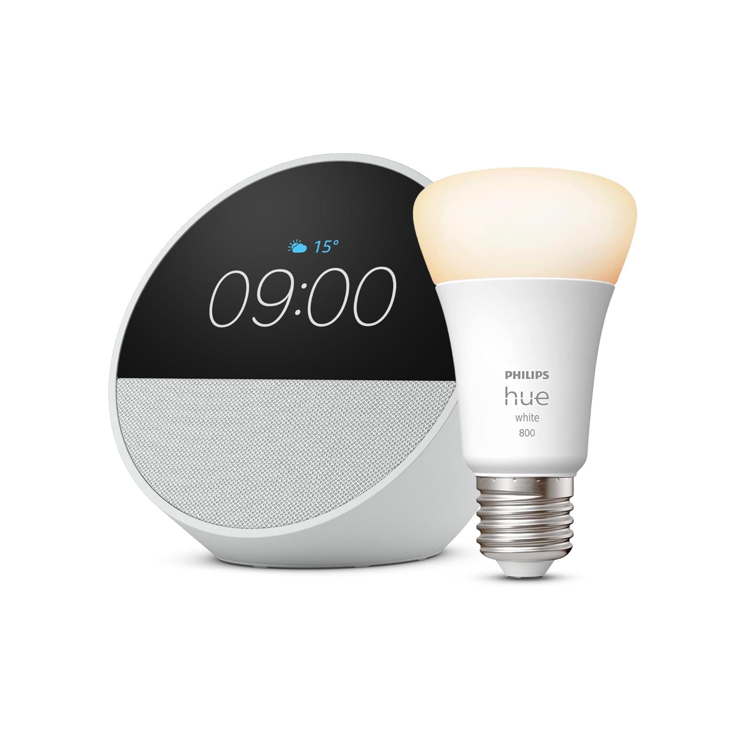 Echo Spot | White + Philips Hue White, E27 LED Smart Bulb, Works with Alexa - Smart Home Starter Kit - Image 1