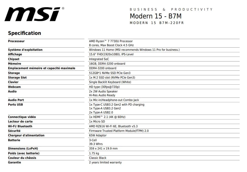 MSI. Marque MSI reconnue pour sa qualité. Ordinateur portable performant. Écran haute qualité. Idéal pour le travail et les loisirs. - Image 8