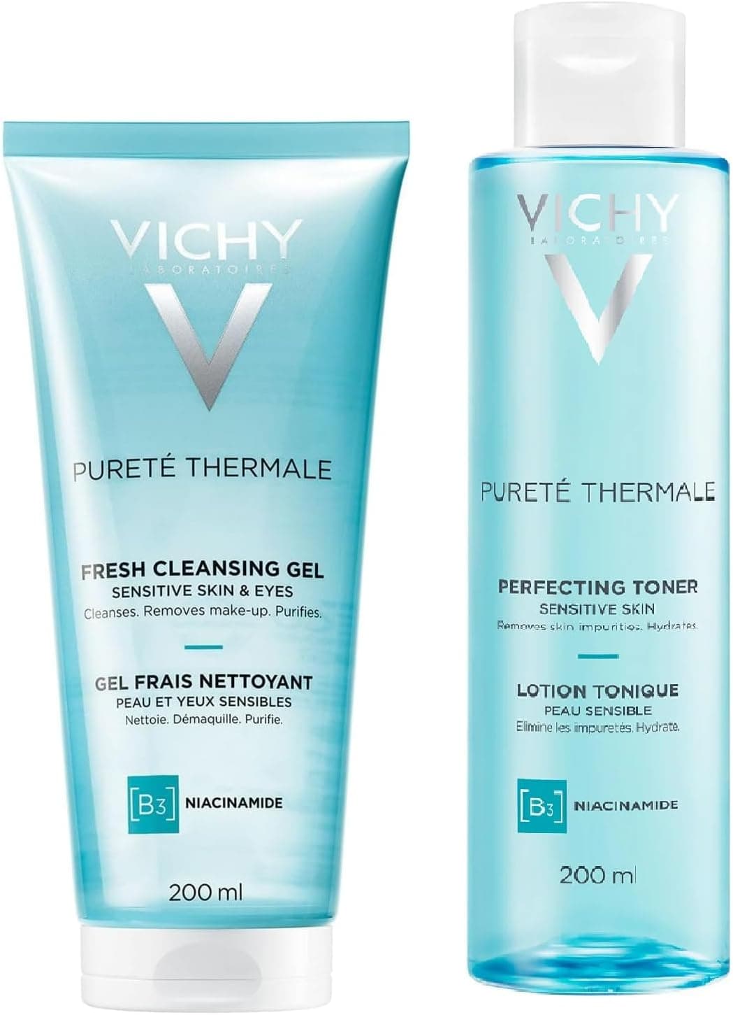 Vichy Vichy Duo nettoyant et tonifiant - Élimine en douceur le maquillage et les impuretés - Rafraîchit et tonifie la peau - Gel Thermale Pureté + Toner 200 ml chacun