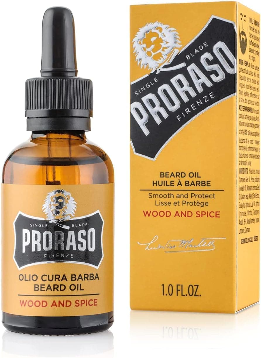 Proraso Huile Barbe, Soin Visage Homme Parfum Bois & Épice, Huile pour Barbe Adoucissante & Protectrice Enrichie en Huiles de Macadamia & Avocat, 30 ml
