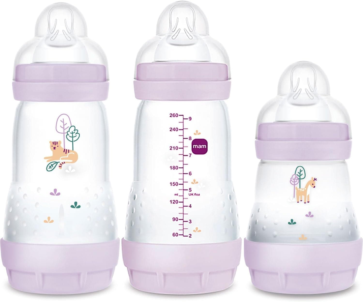 MAM Pretty Girl Lot de 2 biberons anti-coliques pour nouveau-né 260 +1 biberons anti-coliques 160 ml avec tétine taille 1 (à partir de la naissance)